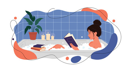Obraz premium A tranquil evening scene depicts a woman unwinding in a bubbly bathtub with a book, creating a peaceful self-care moment.