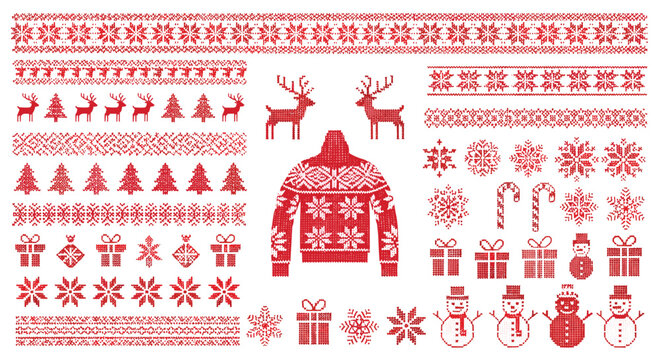 Collection of festive red and white pixel art Christmas patterns and winter holiday design elements for fabric or digital crafts.