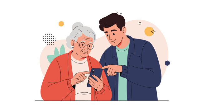 A young man patiently helps an elderly woman navigate her smartphone, fostering a connection through technology and shared learning.