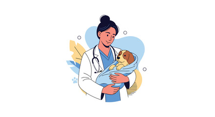 A caring female veterinarian in a lab coat and scrubs gently holds a small, wrapped puppy, symbolizing professional pet care and tenderness.