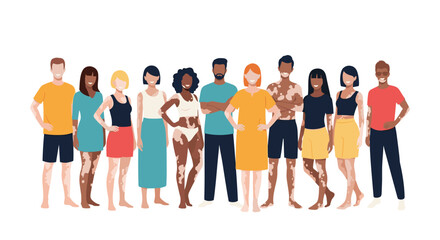 Obraz premium A diverse group of men and women with different skin tones and conditions, including vitiligo, standing confidently and celebrating body positivity.