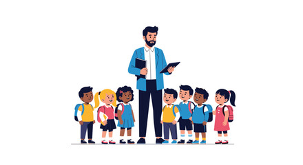 A diverse group of young schoolchildren stands attentively with their male teacher who is holding educational materials.