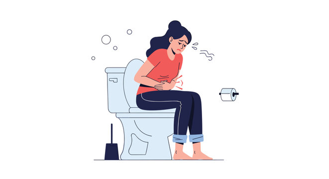 A young woman sits on a toilet, visibly distressed and clutching her stomach in pain, likely experiencing digestive problems or illness.