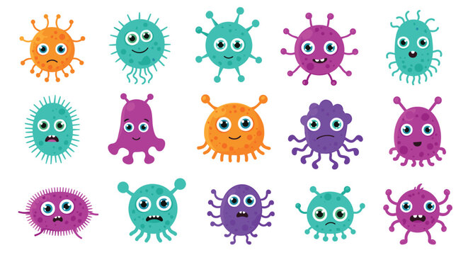 A collection of colorful and cute cartoon microbes, bacteria, and virus characters with diverse shapes and expressions on a white background.