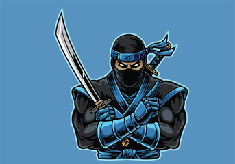 Blue ninja warrior with katana ready for action - Gaming logo - Gaming Mascot - esport mascot stock illustration