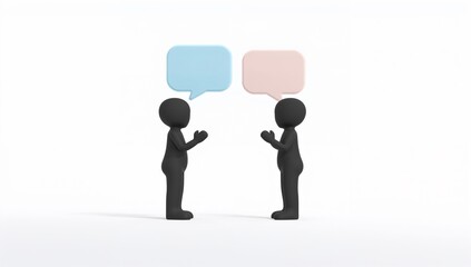 Conceptual Representation of Communication and Dialogue, Two Minimalist Black Figures Engaged in Discussion with Colorful Speech Bubbles, Fostering Understanding and Collaboration