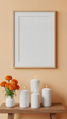 Blank vertical frame mockup for Día de Muertos celebration. Cempasúchil marigold flowers and lit candles on a wooden table for a home altar