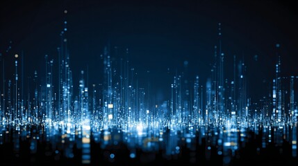 Dynamic digital cityscape with glowing blue lights symbolizes futuristic technology and data streams