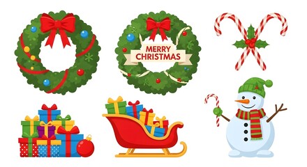 Festive christmas decorations featuring wreaths snowman sleigh and candy canes