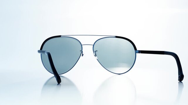 Stylish sunglasses with polarized lenses on blue sky with moving sun light.