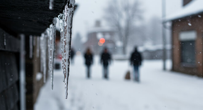 Icicles hanging from building with people walking in snowy street  