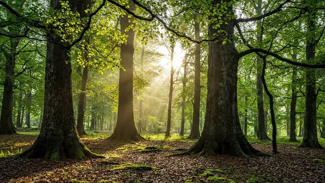 Thick morning mist slowly dissipates among ancient trees in a tranquil forest, revealing clearer details as the day progresses in a beautiful timelapse peaceful nature, serene, changing weather