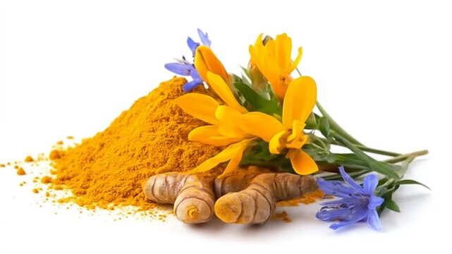 Vibrant turmeric powder with fresh yellow flowers and roots, set against a clean white background, showcasing the natural beauty and health benefits of this spice