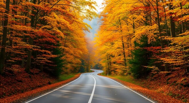 Curvy Asphalt Road Through Vibrant Autumn Forest Golden Orange Foliage Sunlight Streaming Down Empty Highway Scenic Drive