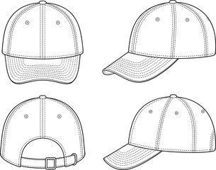 Baseball cap technical flat sketch, adjustable strap hat front and back view, vector fashion illustration