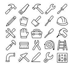 Diverse tools collection in line art, perfect for construction and DIY projects. These tools are meticulously illustrated and ready for your use