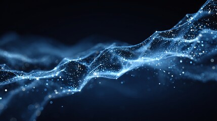 Dynamic abstract glowing digital network flowing with luminous particles against a dark background, representing connectivity and data streams.