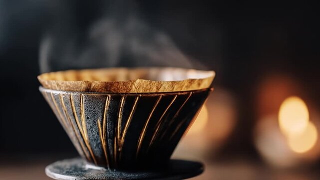 A close-up view of a coffee dripper with steam rising, set against a blurred background of warm, glowing lights, creating a cozy atmosphere perfect for coffee enthusiasts