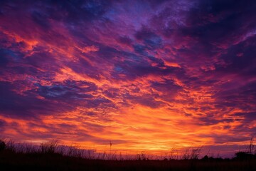 Fototapeta premium Vibrant display of orange and purple hues in the evening sky over a tranquil landscape at sunset