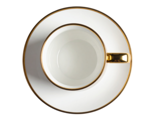 Top View of Ceramic Mug with Gold Handle, isolated on transparent background