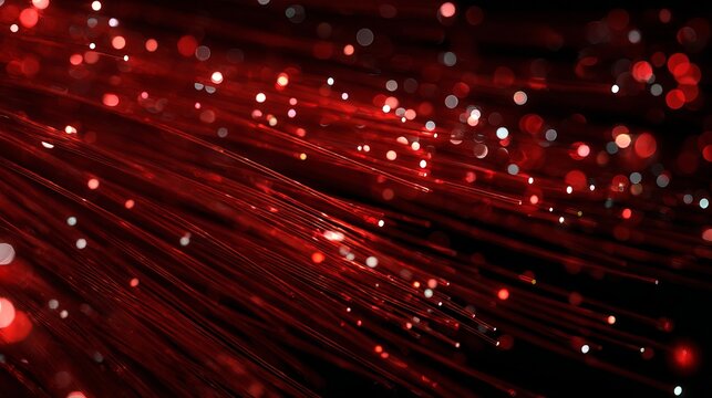 Dynamic abstract red bokeh lights and glowing fiber optic strands create a vibrant, energetic, and futuristic background for technology and data concepts