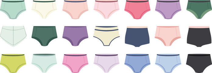 Baby underwear vector collection, kids briefs and panties fashion flat set, colorful toddler underwear mockup, clothing CAD template