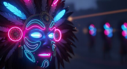 Ati-Atihan Festival, tribal mask glowing under neon lights