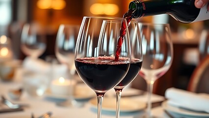 decanting. Elegant wine glasses with red wine during pouring in a fine dining setting. bar promotions, beverage menus, designed for product packaging and bar promotions, elevates brand perception.