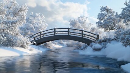 Wooden Bridge River Snow Trees Blue Sky. Winter Landscape Reflection Calm Daylight Mood - Powered by Adobe