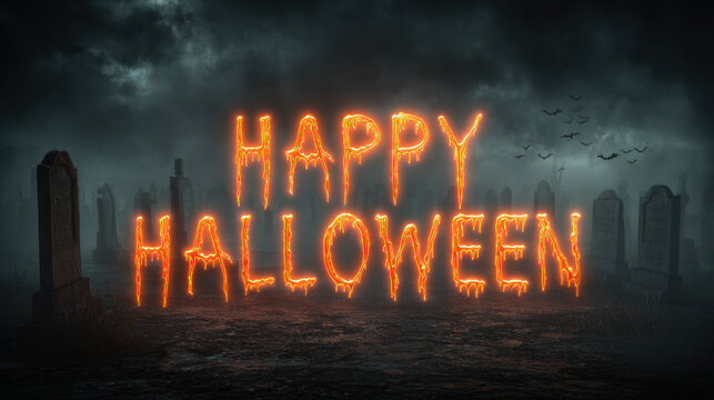 Happy halloween glowing orange text with dripping effect in dark foggy graveyard with tombstones and flying bats silhouettes