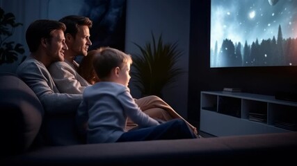 A family watches a space-themed video on TV, viewed from a side angle. The cozy, dimly lit room enhances the warm, engaging atmosphere. - Powered by Adobe