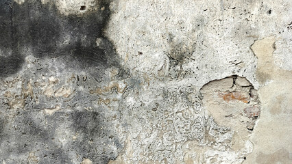 Old damaged concrete wall with mold and cracks texture. Grunge dirty surface with moisture stains and rough cement pattern. Vintage background for design, construction, or urban decay concept.