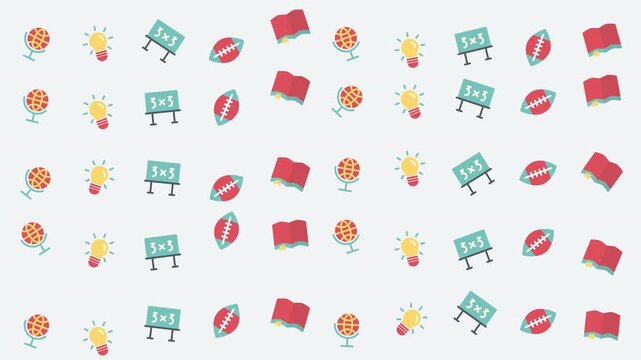 Seamless pattern of colorful school and educational icons on white background for graphic design and creative projects