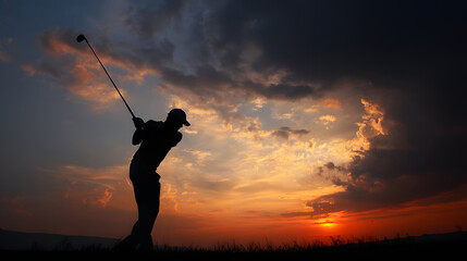 Silhouette of golfer swinging against dramatic sunset sky creates striking and serene scene. vibrant colors of sunset enhance peaceful atmosphere