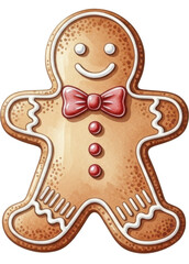  Festive Gingerbread man cookie decorated with white icing and red bow tie on transparent background PNG image PNG file