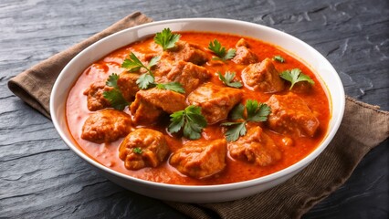 Appetizing chicken paprikash served in white bowl, featuring a creamy sauce. Chicken paprikash in bowl enhances presentation with fresh parsley garnish for visual appeal.