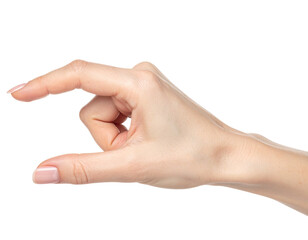 Studio photograph of a woman's hand holding or grasping something small with thumb and index finger, isolated