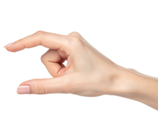 Studio photograph of a woman's hand holding or grasping something small with thumb and index finger, isolated