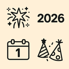 New Year Celebration Symbols for 2026 with Fireworks Calendar and Party Hats