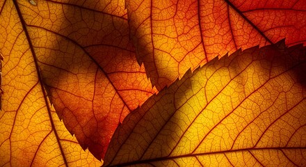 Obraz premium Close up of autumn leaves displaying vibrant colors and intricate textures