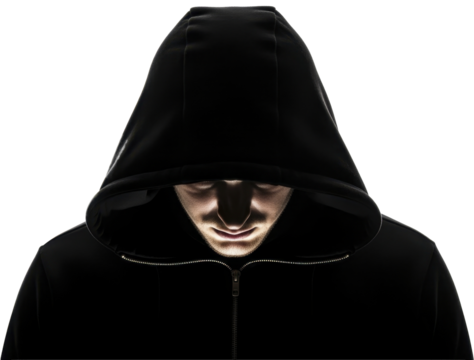 Man in dark hoodie with face obscured by shadows on transparent background PNG image