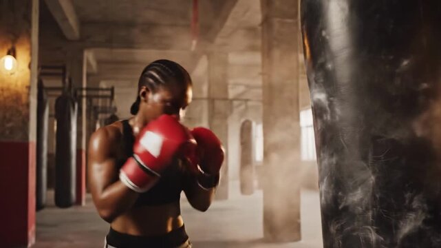 mma lady fighter - A focused female boxer in a gritty gym, red gloves flashing as she punches a hanging bag; concrete pillars loom, dust swirls, warm lamps glow, signaling grit and determination now