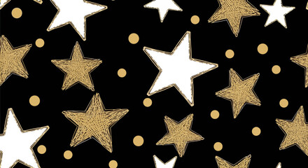 Festive Night Sky Gold Stars and Dots on Black Background, seamless star-filled design for Christmas and holiday celebrations