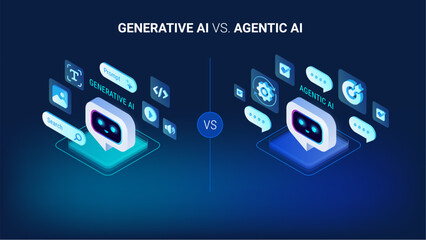 Fototapeta na wymiar Generative AI and Agentic AI comparison - isometric modern vector illustration