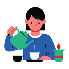 Minimalist Illustration Of Girl Pouring Tea In Cup Beside Candle For Relaxation