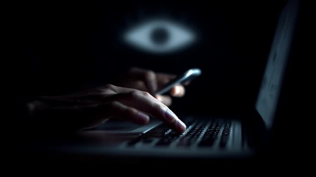 hand with smartphone is typing on notebook in dark room. all seeing eye is watching. orwell 1984 surveillance in dark room