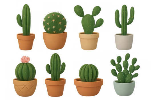 Various potted cactus and succulents collection, desert plants in decorative pots on transparent background