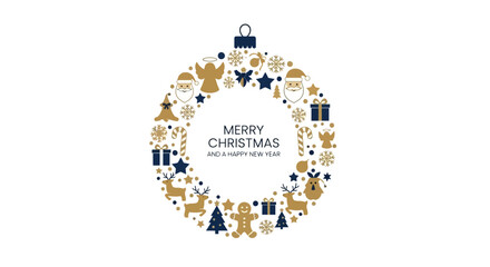 Christmas Bauble Ornament with Festive Holiday Symbols in Gold and Blue