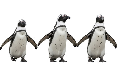 Naklejka premium Three African penguins standing in a row on a transparent background PNG image isolated wildlife file