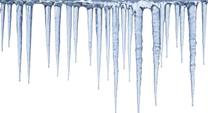  Row of natural winter icicles hanging, on a transparent background, PNG image, isolated PNG file